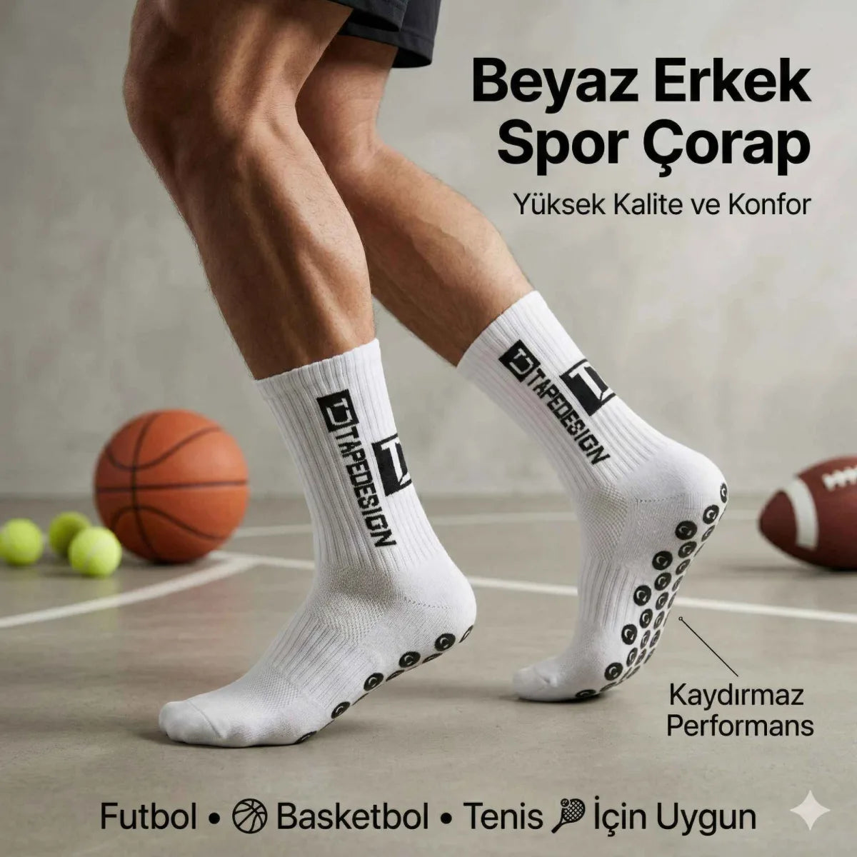 Erkek Kaydırmaz Futbol Basketbol Tenis Spor Çorap | Beyaz Kaymaz Tabanlı Dikişsiz Parfümlü