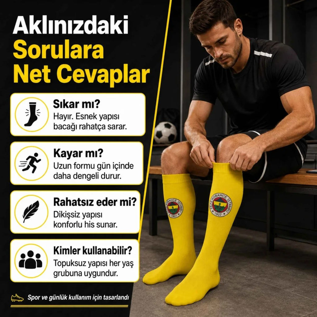 Takım Logolu 3’lü Sarı Futbol Çorabı 31-43, Unisex Uzun Konç, Dikişsiz Burun