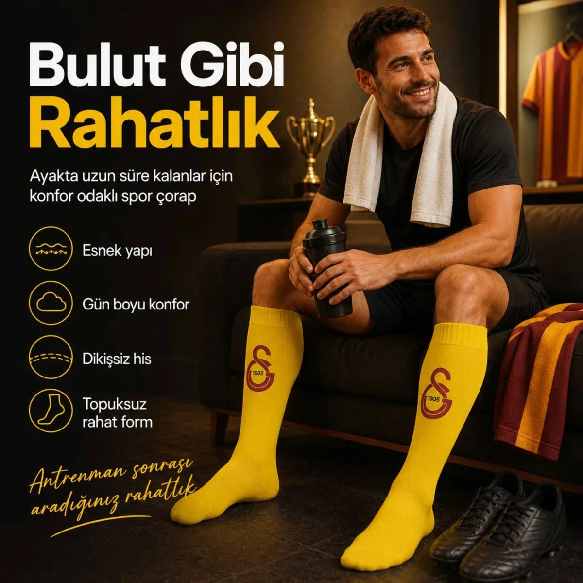 Takım Logolu 3’lü Sarı Futbol Çorabı 31-43, Unisex Uzun Konç, Dikişsiz Burun
