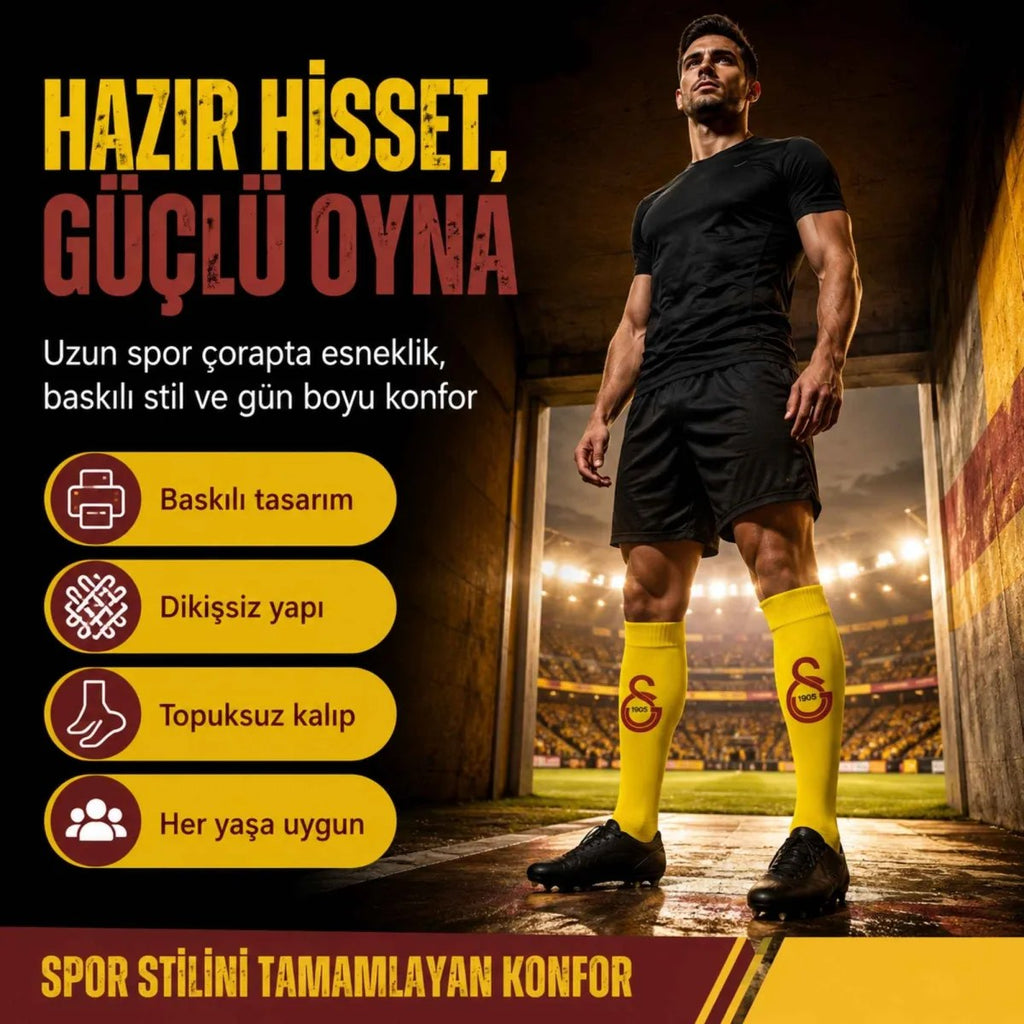 Takım Logolu 3’lü Sarı Futbol Çorabı 31-43, Unisex Uzun Konç, Dikişsiz Burun