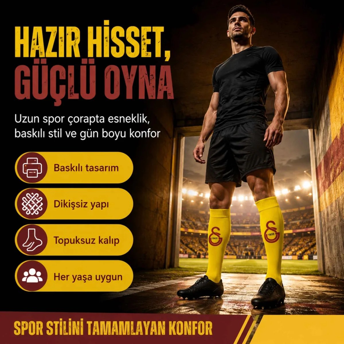 Takım Logolu 3’lü Sarı Futbol Çorabı 31-43, Unisex Uzun Konç, Dikişsiz Burun