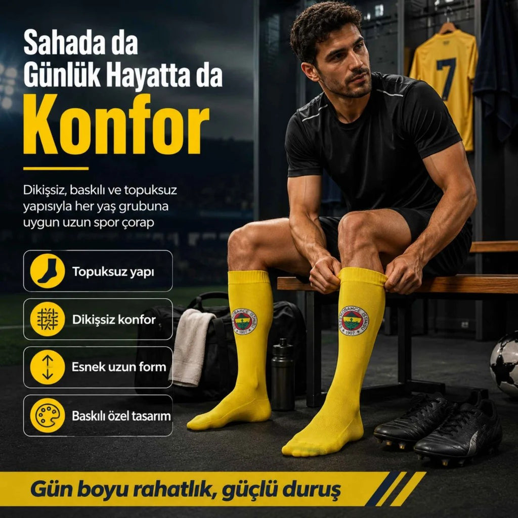 Takım Logolu 3’lü Sarı Futbol Çorabı 31-43, Unisex Uzun Konç, Dikişsiz Burun