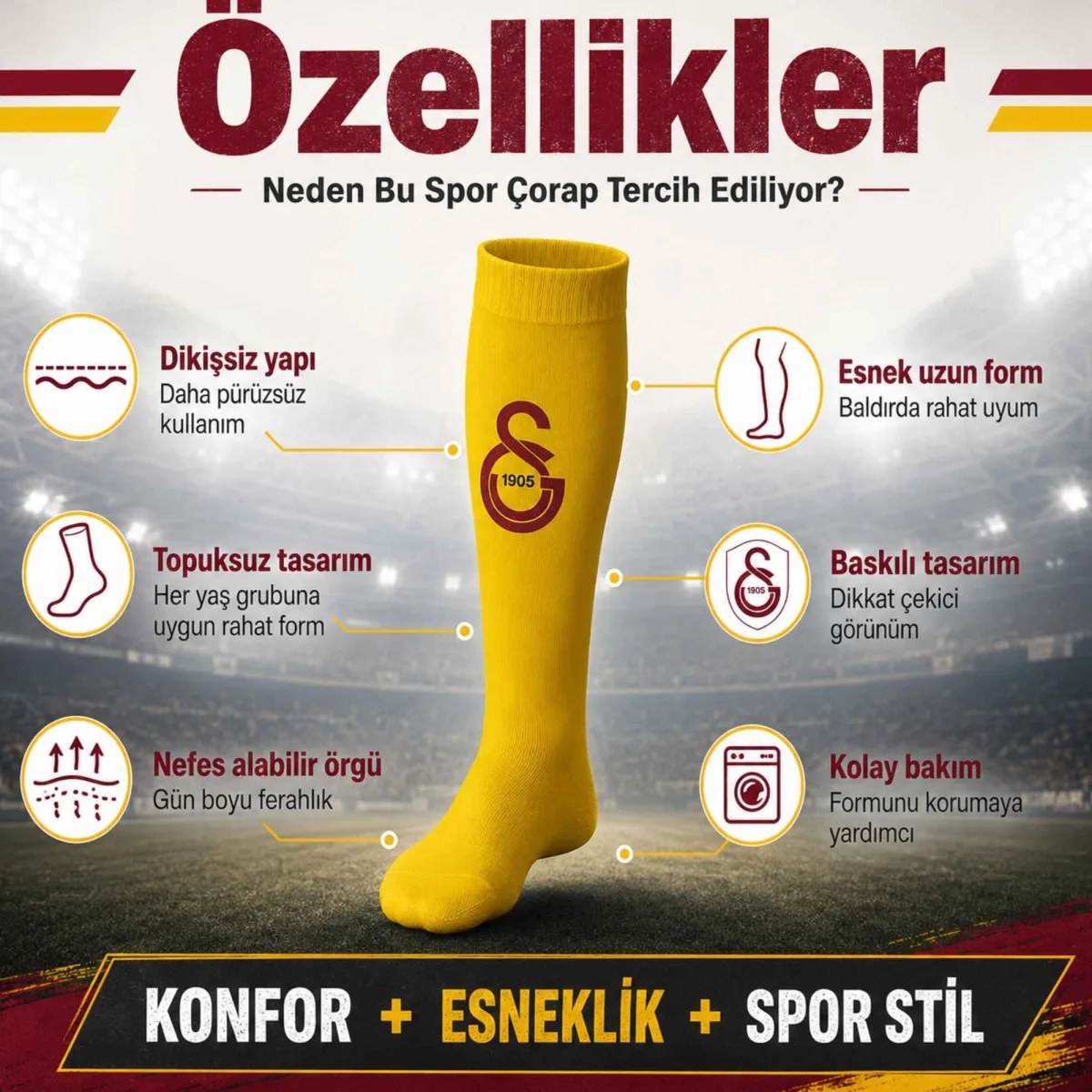 Takım Logolu 3’lü Sarı Futbol Çorabı 31-43, Unisex Uzun Konç, Dikişsiz Burun