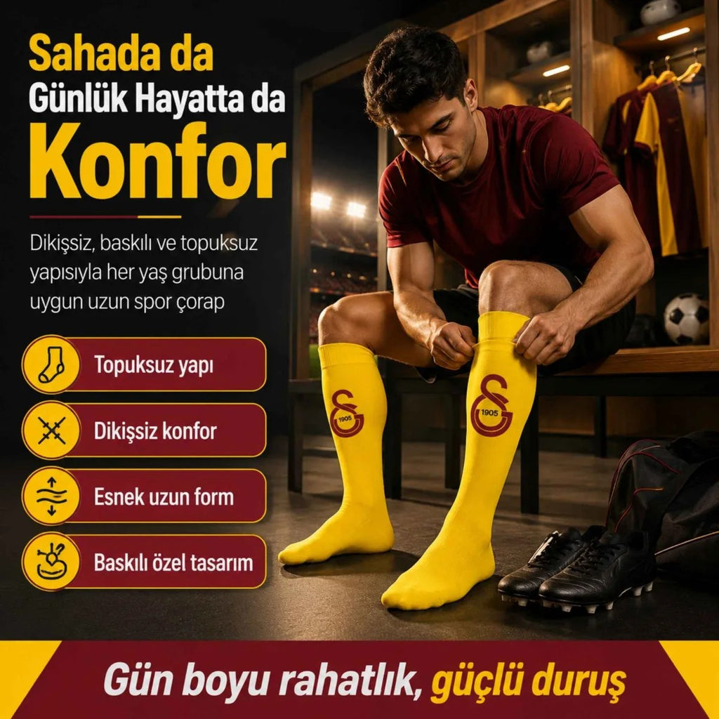 Takım Logolu Sarı Futbol Çorabı 31-43, Unisex Uzun Konç, Dikişsiz Burun