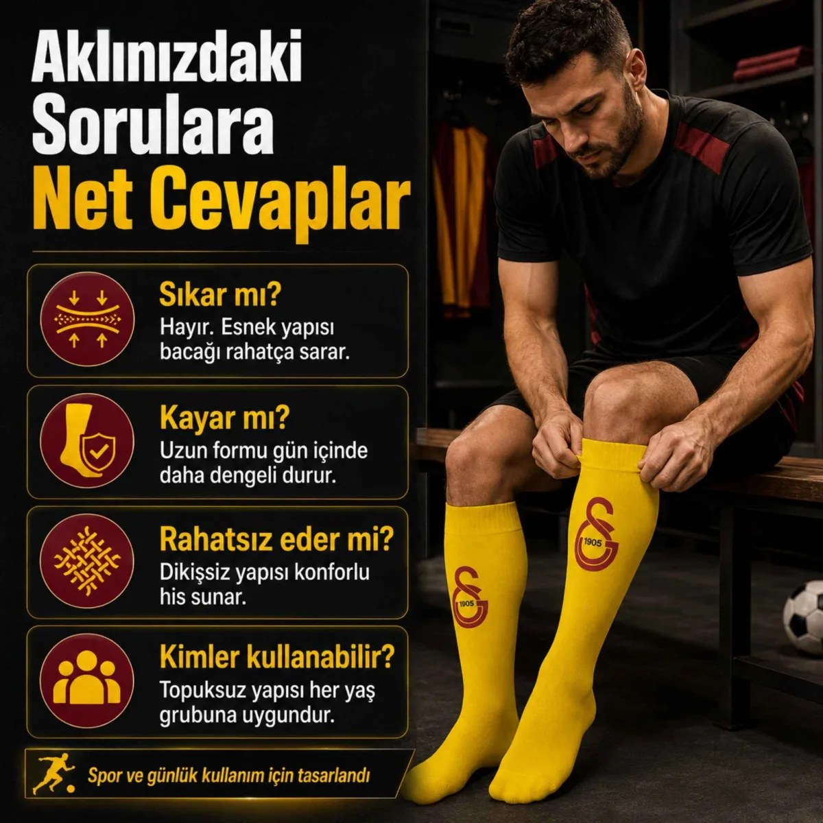 Takım Logolu Sarı Futbol Çorabı 31-43, Unisex Uzun Konç, Dikişsiz Burun