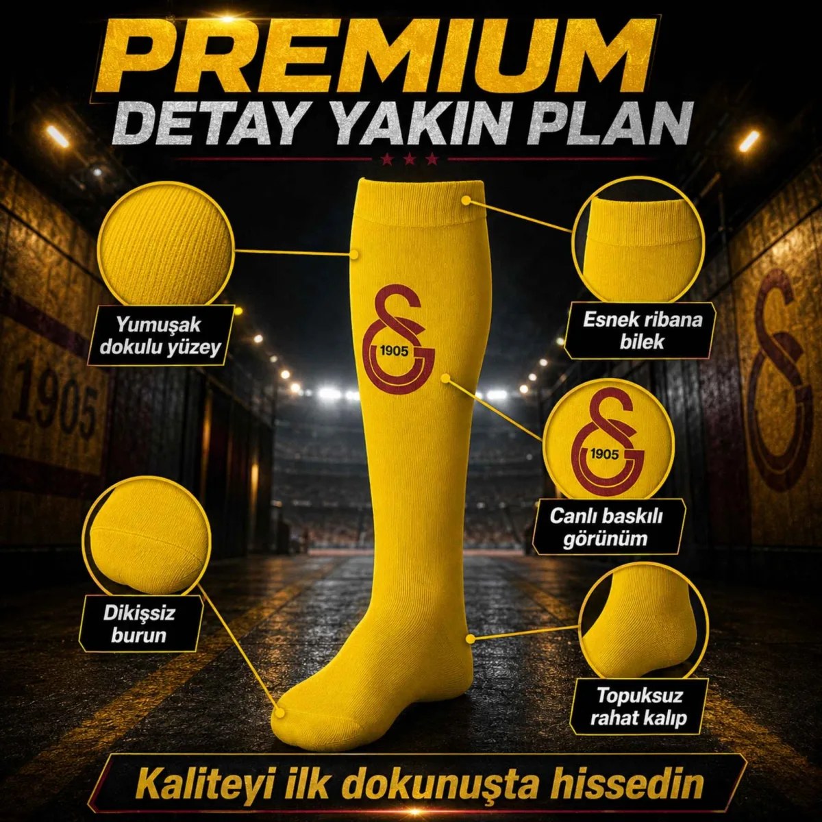 Takım Logolu Sarı Futbol Çorabı 31-43, Unisex Uzun Konç, Dikişsiz Burun