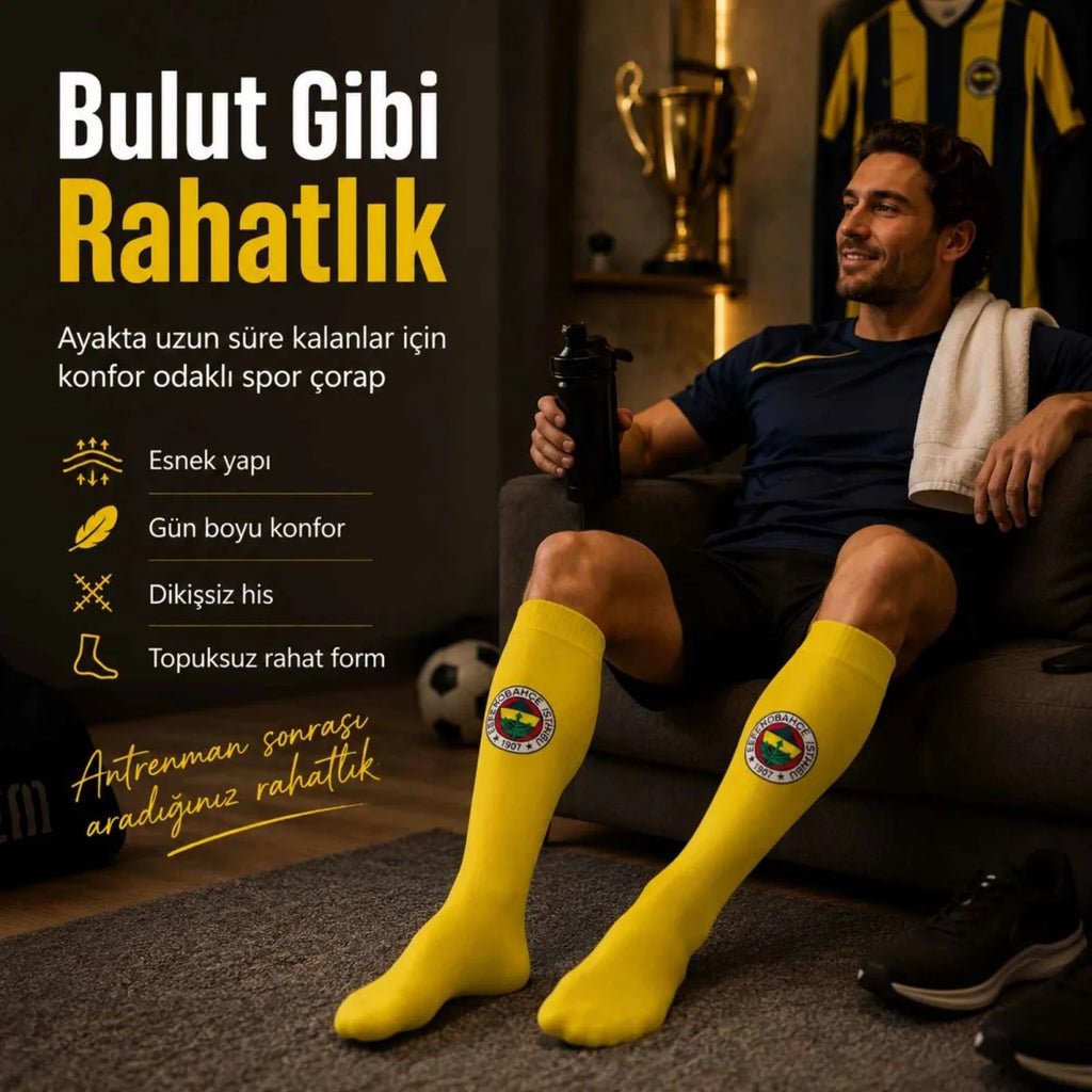 Takım Logolu Sarı Futbol Çorabı 31-43, Unisex Uzun Konç, Dikişsiz Burun
