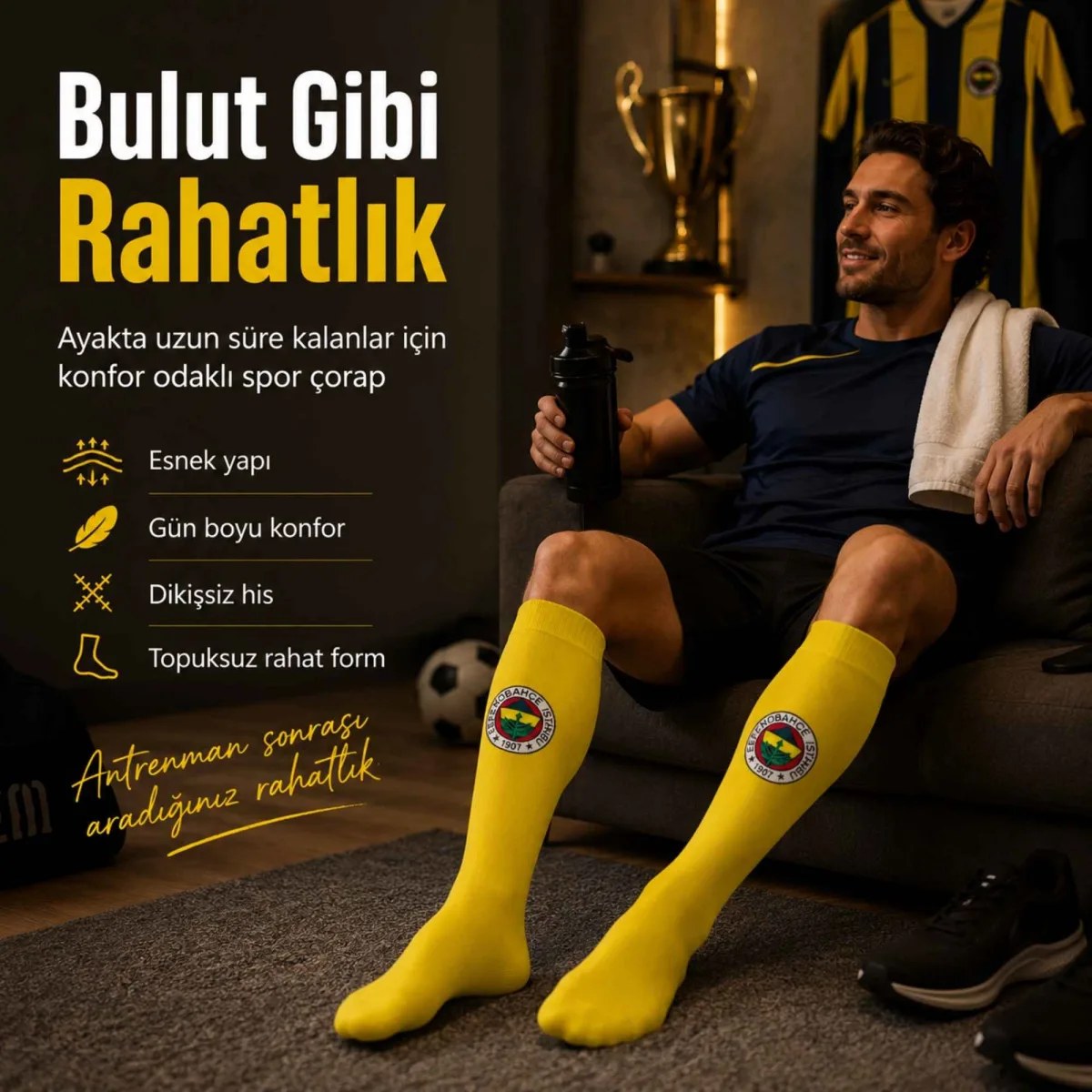 Takım Logolu Sarı Futbol Çorabı 31-43, Unisex Uzun Konç, Dikişsiz Burun