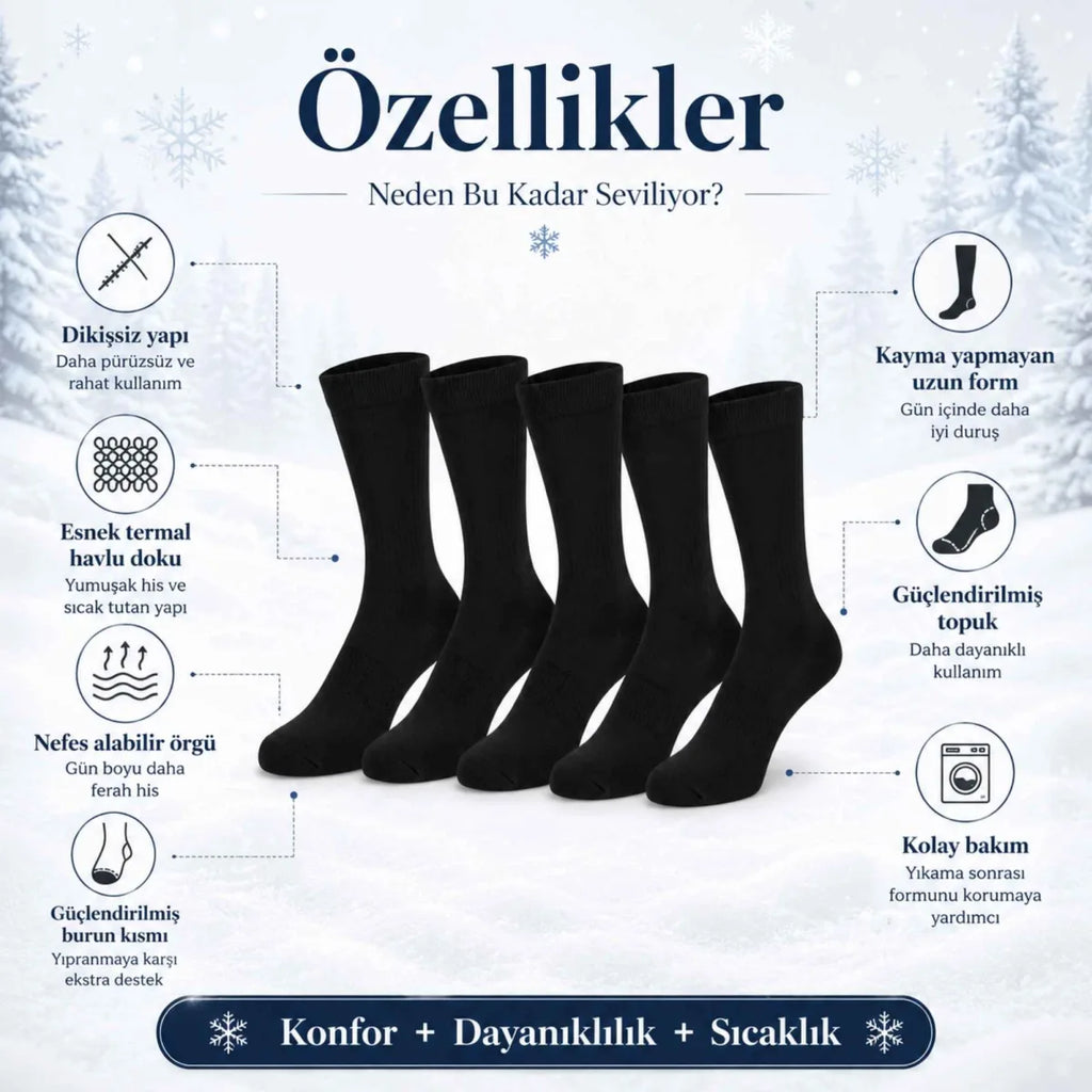 Kadın Siyah Kışlık Termal Uzun Çorap 12'li | Dikişsiz Havlu, Sıcak Tutan, Güçlü Topuk Burun