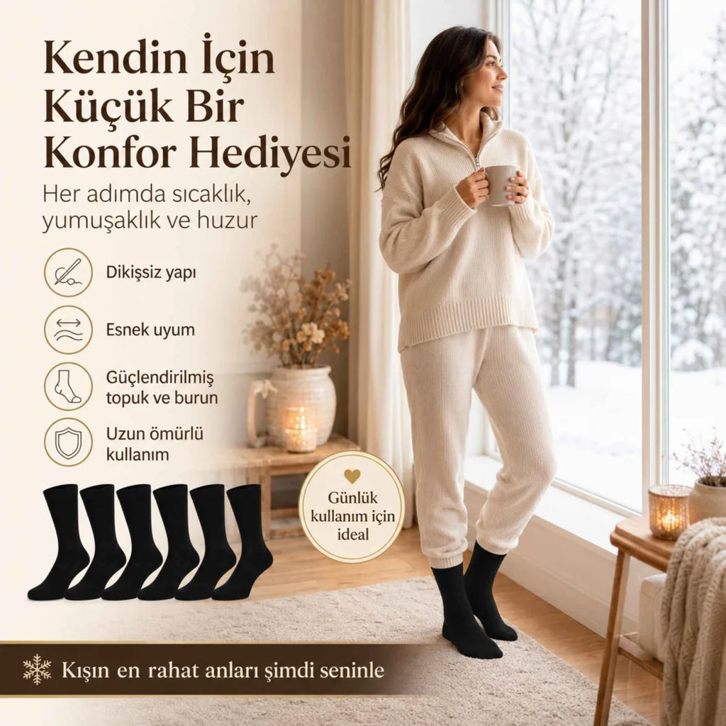 Kadın Siyah Kışlık Termal Uzun Çorap 12'li | Dikişsiz Havlu, Sıcak Tutan, Güçlü Topuk Burun