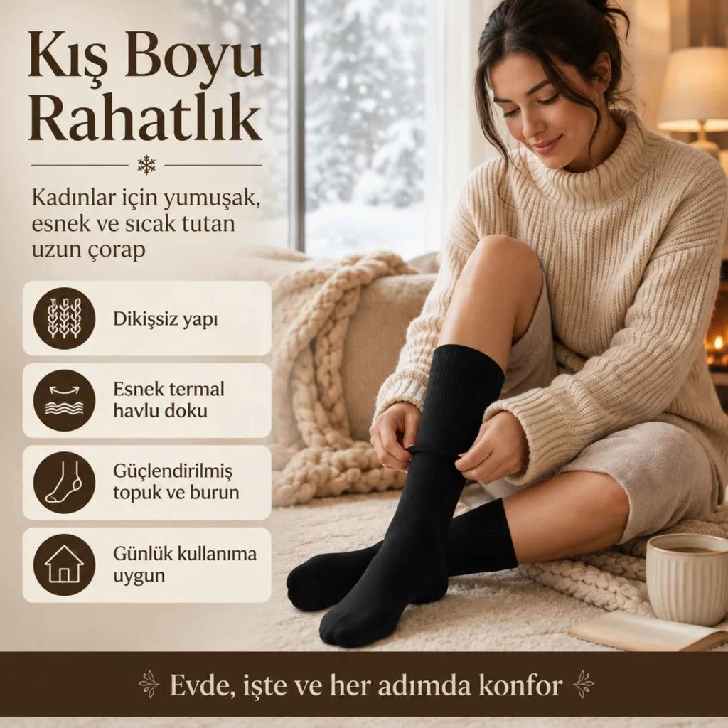 Kadın Siyah Kışlık Termal Uzun Çorap 6'lı | Dikişsiz Havlu, Sıcak Tutan, Güçlü Topuk Burun