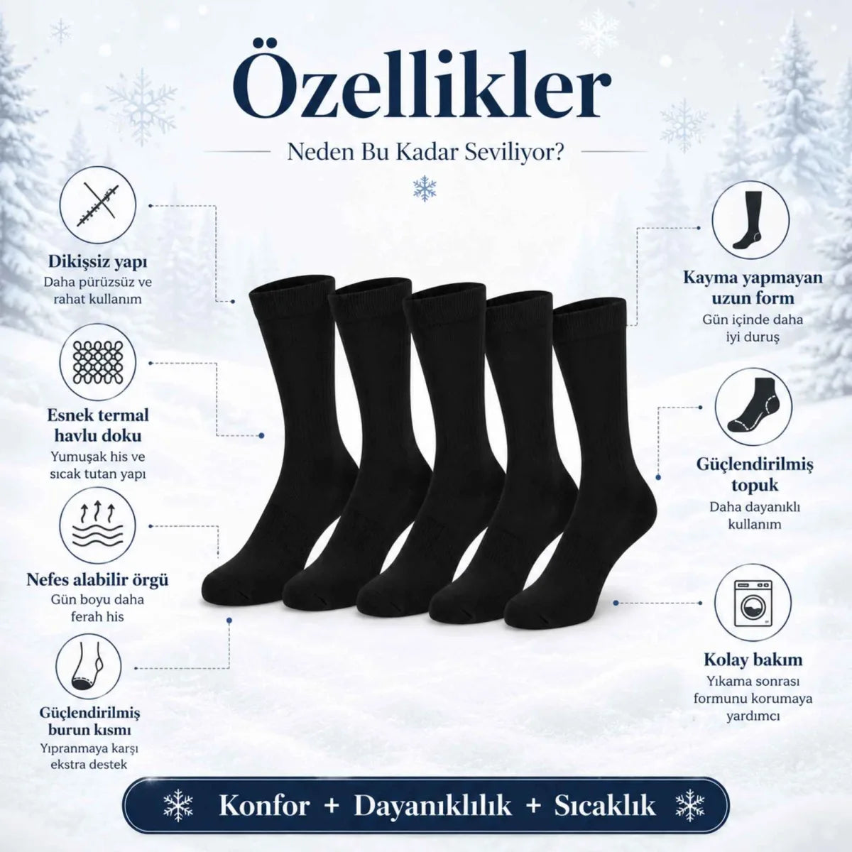 Kadın Siyah Kışlık Termal Uzun Çorap 6'lı | Dikişsiz Havlu, Sıcak Tutan, Güçlü Topuk Burun