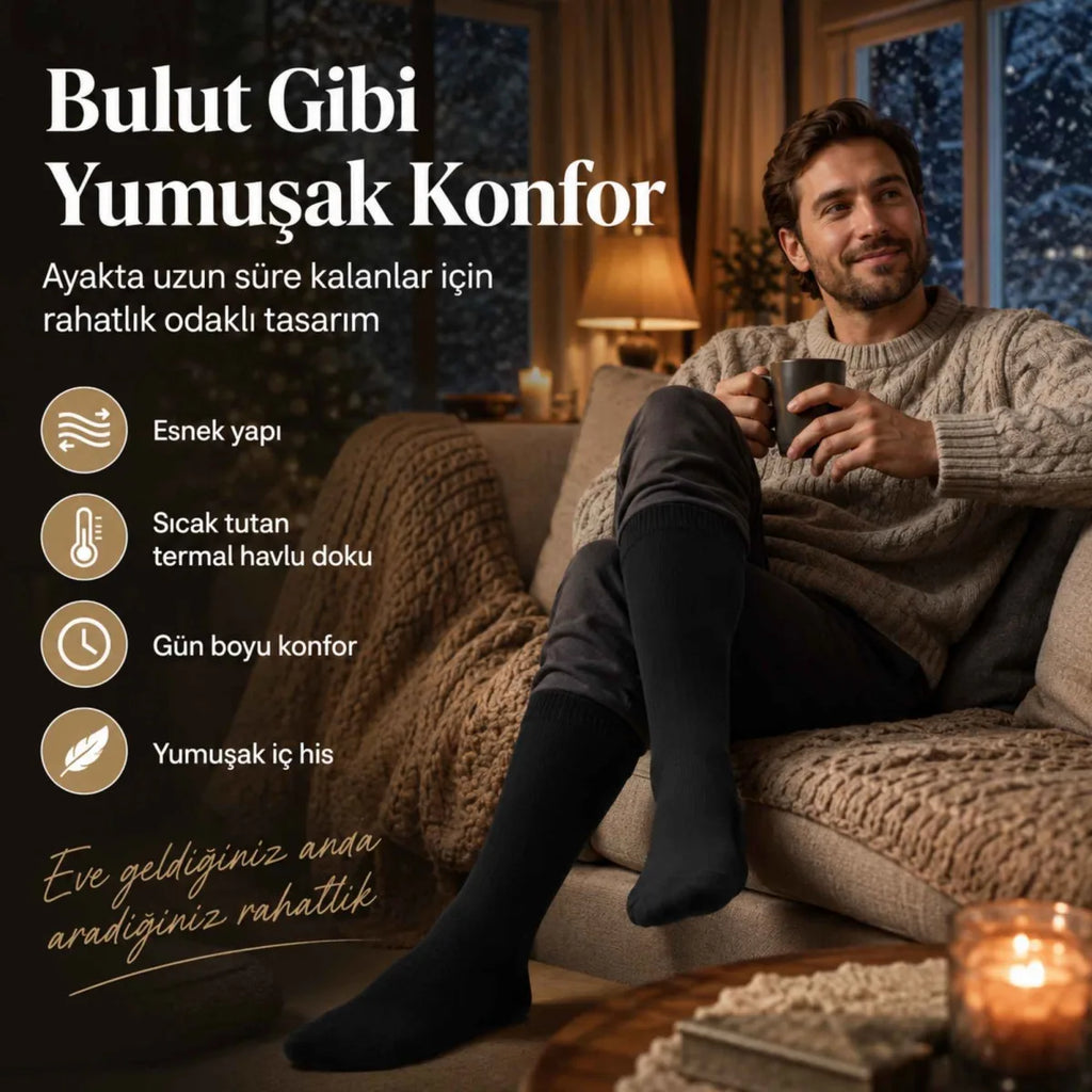 Erkek Siyah Kışlık Termal Havlu Çorap 6'lı | Dikişsiz Esnek, Sıcak Tutan, Güçlü Topuk Burun