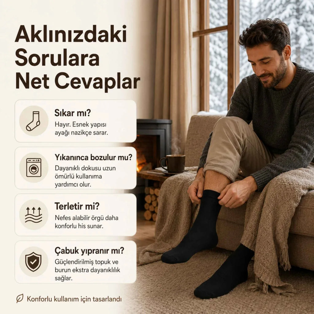 Erkek Siyah Kışlık Termal Havlu Çorap 6'lı | Dikişsiz Esnek, Sıcak Tutan, Güçlü Topuk Burun