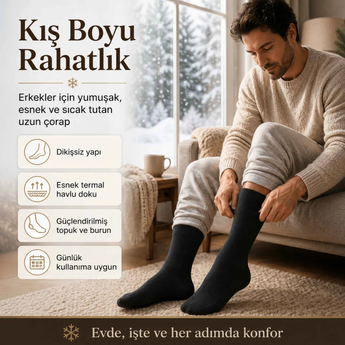 Erkek Siyah Kışlık Termal Havlu Çorap 6'lı | Dikişsiz Esnek, Sıcak Tutan, Güçlü Topuk Burun