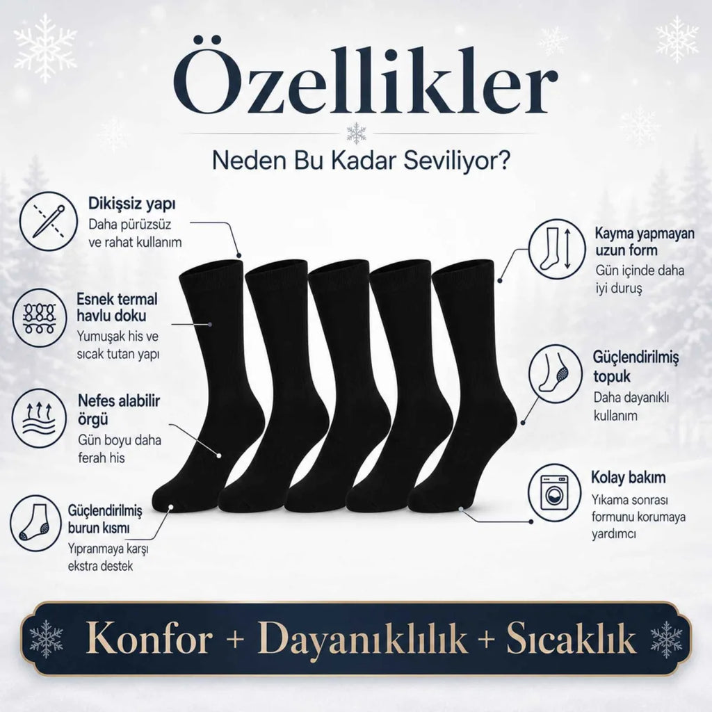 Erkek Siyah Kışlık Termal Havlu Çorap 6'lı | Dikişsiz Esnek, Sıcak Tutan, Güçlü Topuk Burun