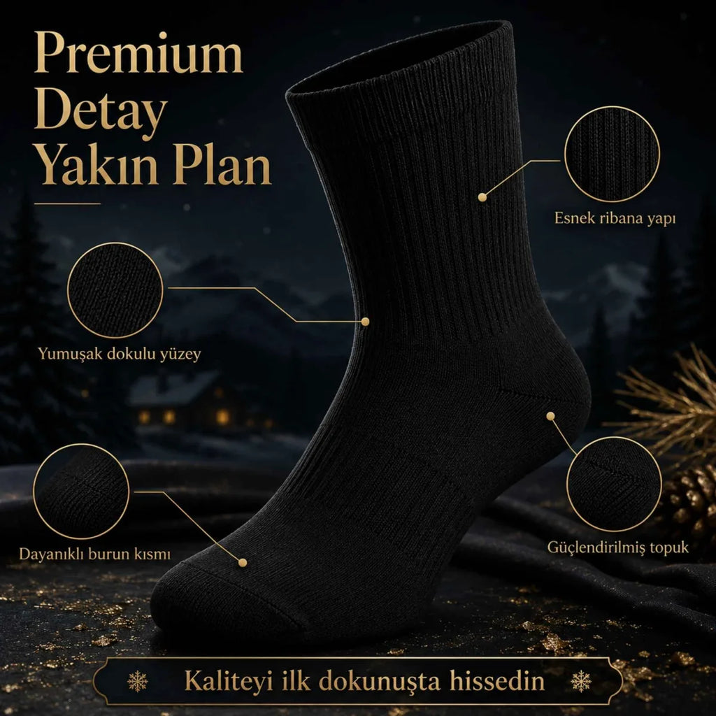 Erkek Siyah Kışlık Termal Havlu Çorap 6'lı | Dikişsiz Esnek, Sıcak Tutan, Güçlü Topuk Burun