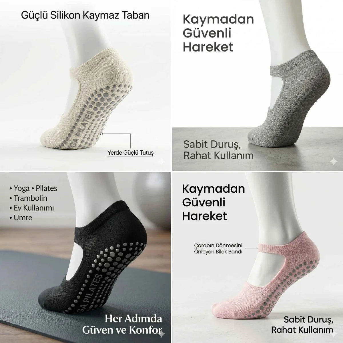 Kadın Kaymaz Yoga Pilates Çorabı 4'lü | Silikon Taban, Bilek Bantlı, Ev Spor Umre, 4 Renk
