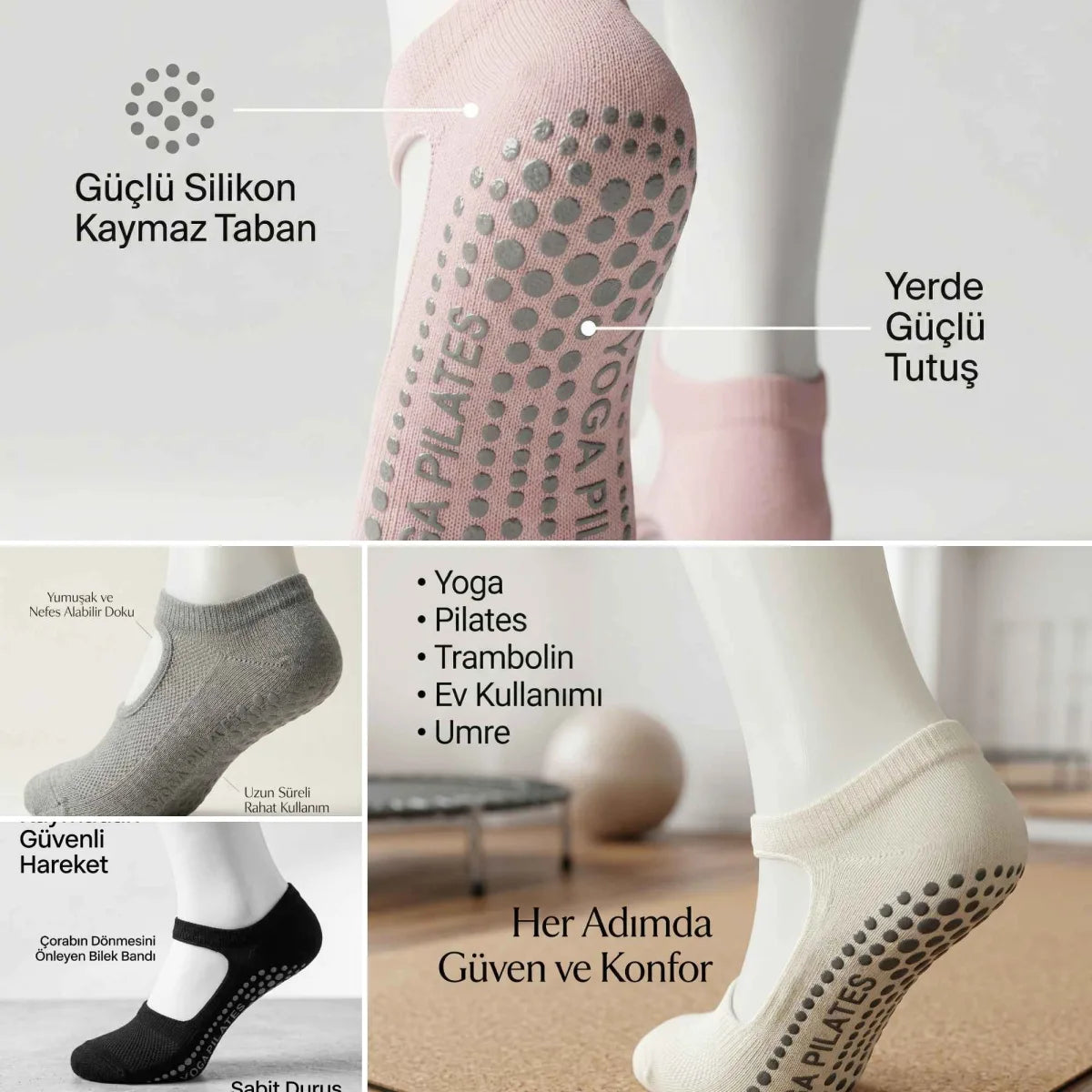 Kadın Kaymaz Yoga Pilates Çorabı 4'lü | Silikon Taban, Bilek Bantlı, Ev Spor Umre, 4 Renk