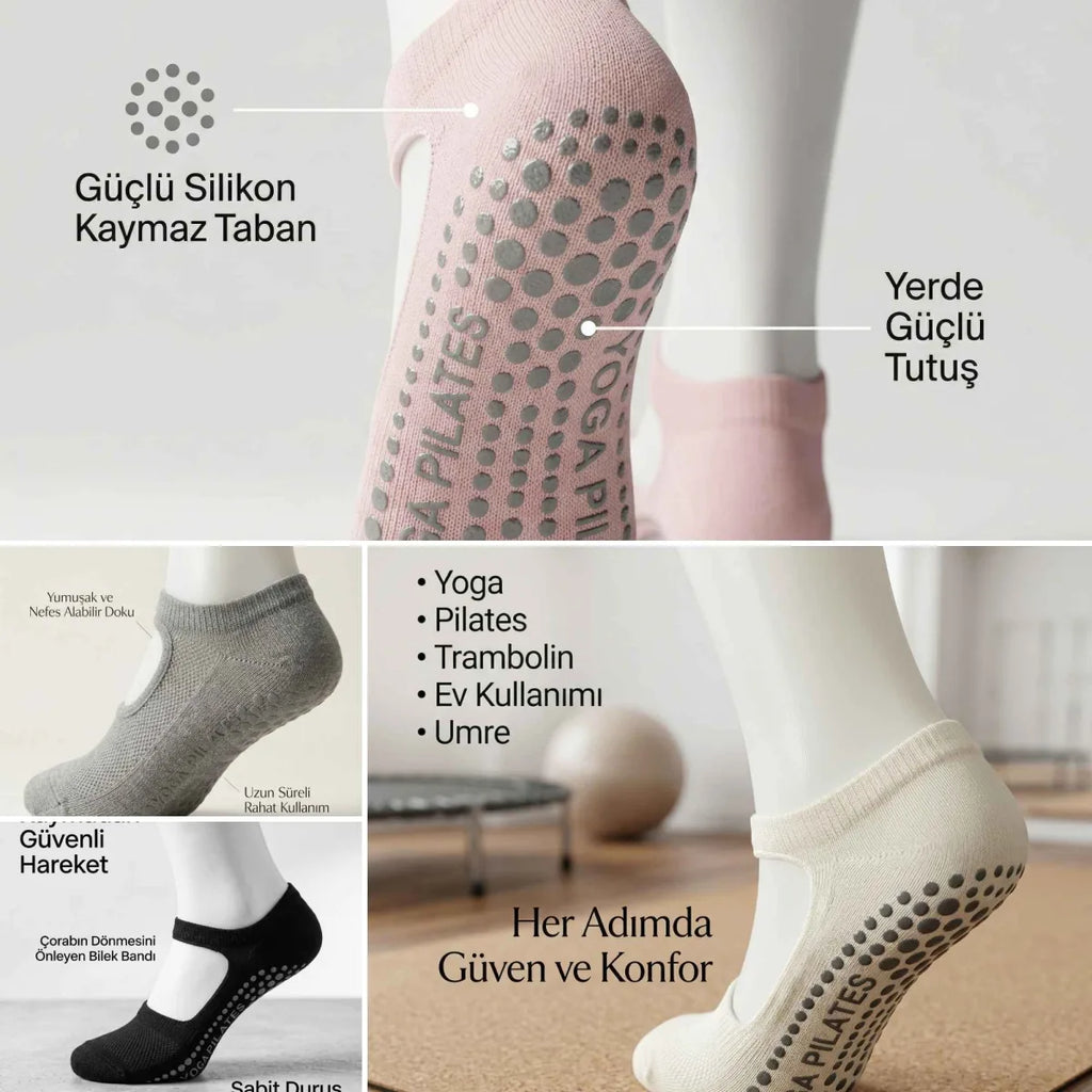 Kadın Kaymaz Yoga Pilates Çorabı 8'li | Silikon Taban, Bilek Bantlı, Ev Spor Umre, 4 Renk