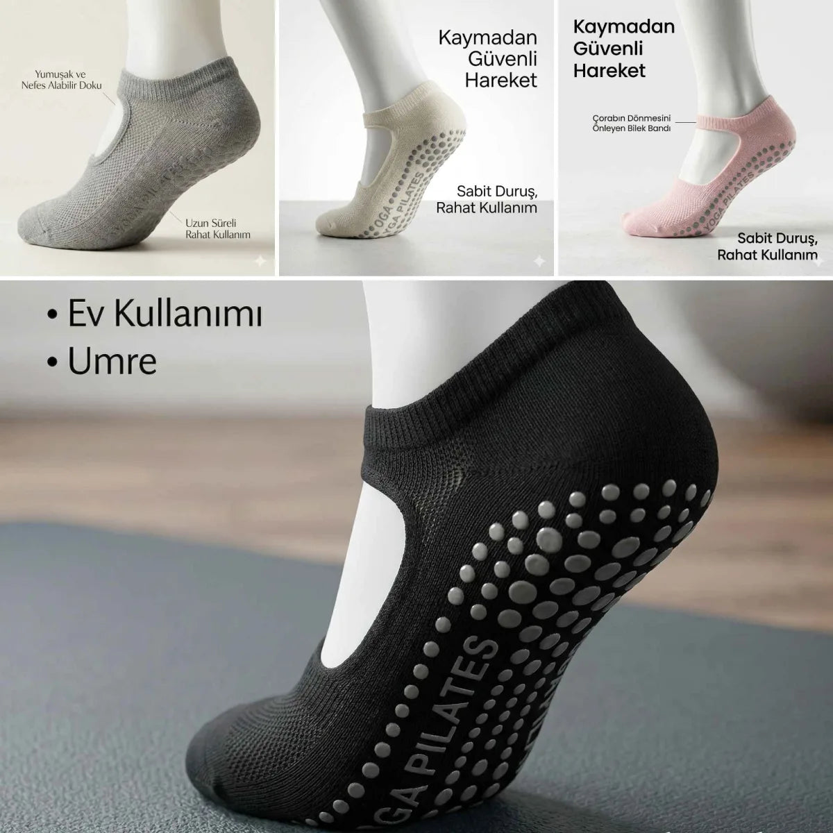 Kadın Kaymaz Yoga Pilates Çorabı 8'li | Silikon Taban, Bilek Bantlı, Ev Spor Umre, 4 Renk