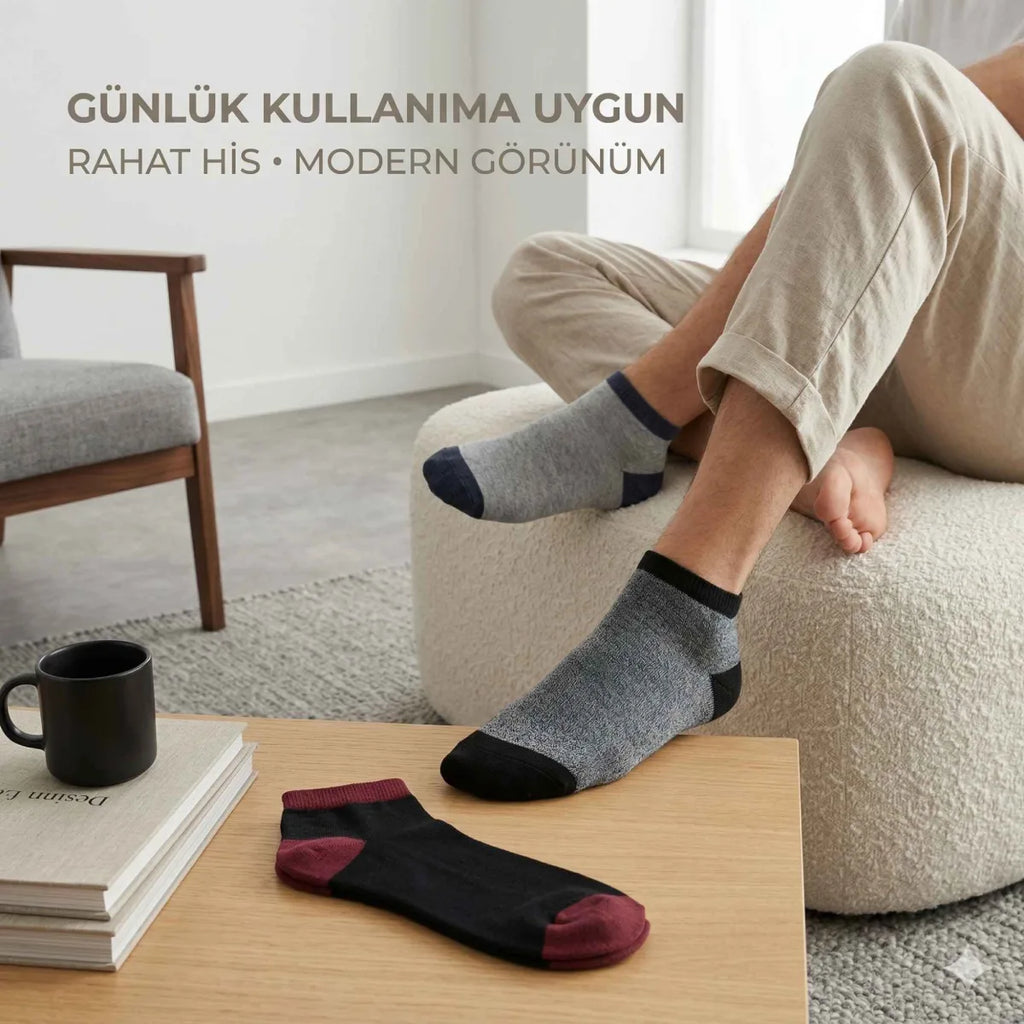 Erkek Patik Çorap 3’lü Set – Renkli Burun Topuk Detaylı Günlük Kısa Çorap
