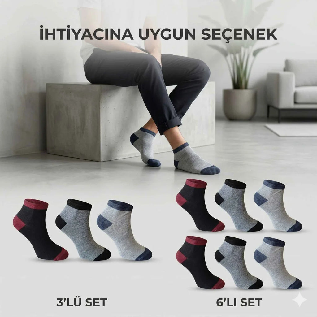 Erkek Patik Çorap 6’lı Set – Renkli Burun Topuk Detaylı Günlük Kısa Çorap