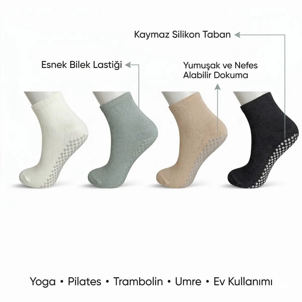 Kaymaz Tabanlı Yoga Pilates 4’lü Çorap, Silikon Tabanlı Esnek Nefes Alan Ev ve Spor Çorabı