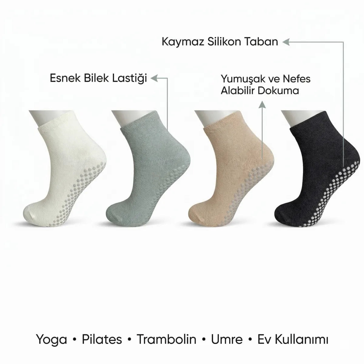 Kaymaz Tabanlı Yoga Pilates 4’lü Çorap, Silikon Tabanlı Esnek Nefes Alan Ev ve Spor Çorabı