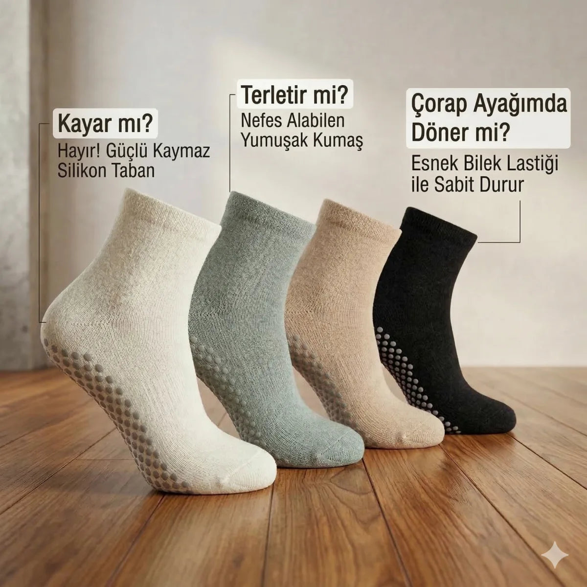Kaymaz Tabanlı Yoga Pilates 4’lü Çorap, Silikon Tabanlı Esnek Nefes Alan Ev ve Spor Çorabı