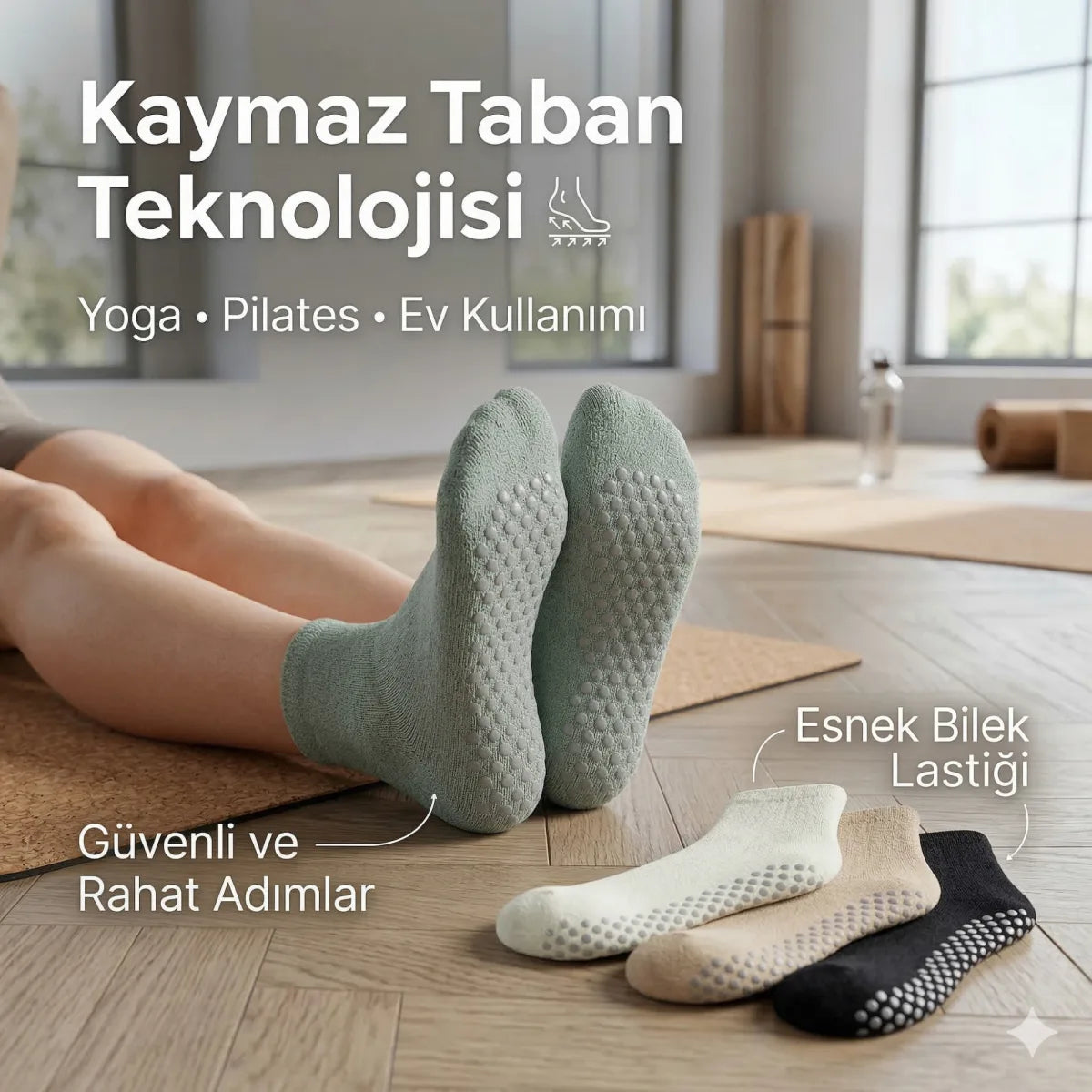 Kaymaz Tabanlı Yoga Pilates 8’li Çorap, Silikon Tabanlı Esnek Nefes Alan Ev ve Spor Çorabı