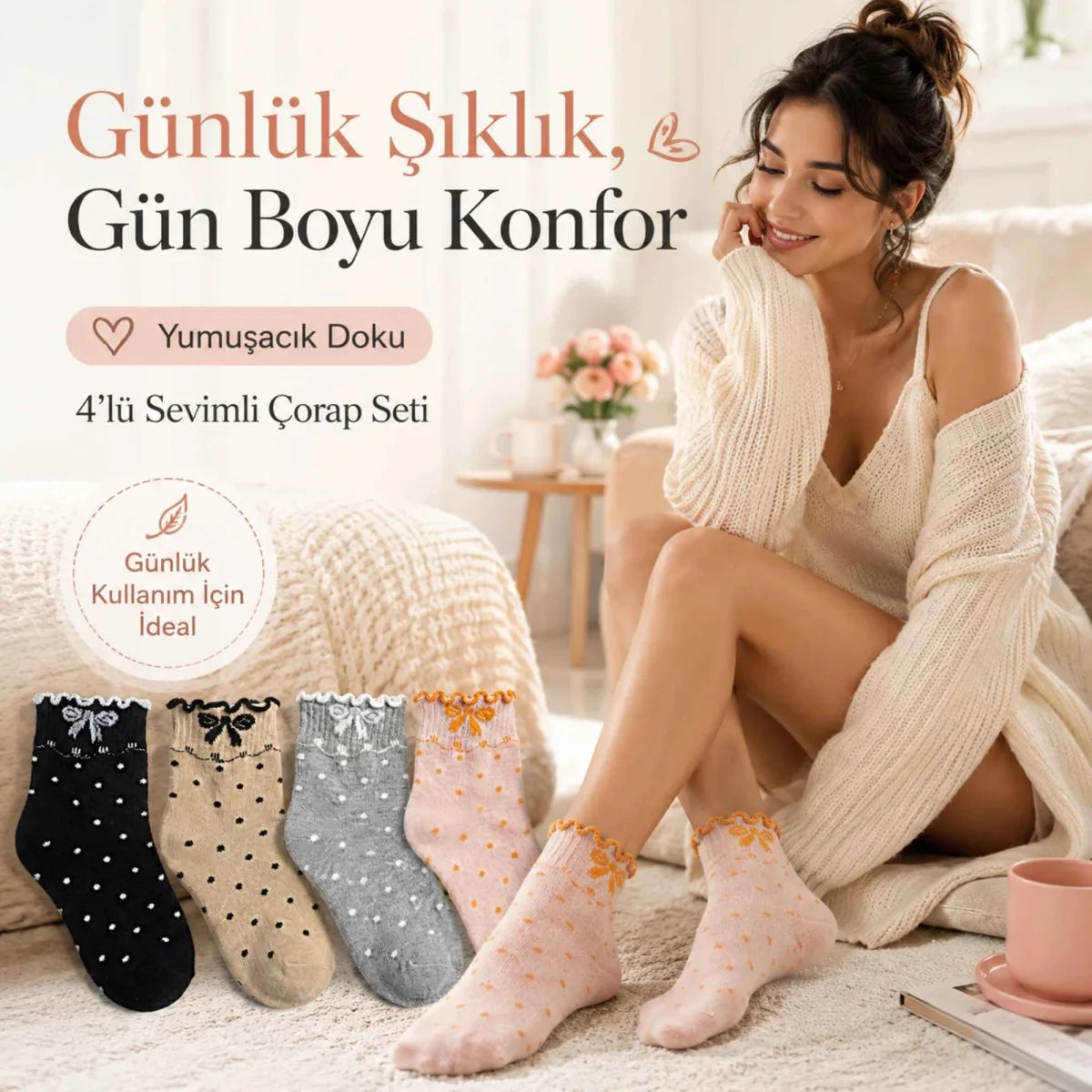 Kadın Fırfırlı Soket Çorap 8’li Set – Puantiyeli, Fiyonklu, Yumuşak ve Esnek Bilek Çorabı