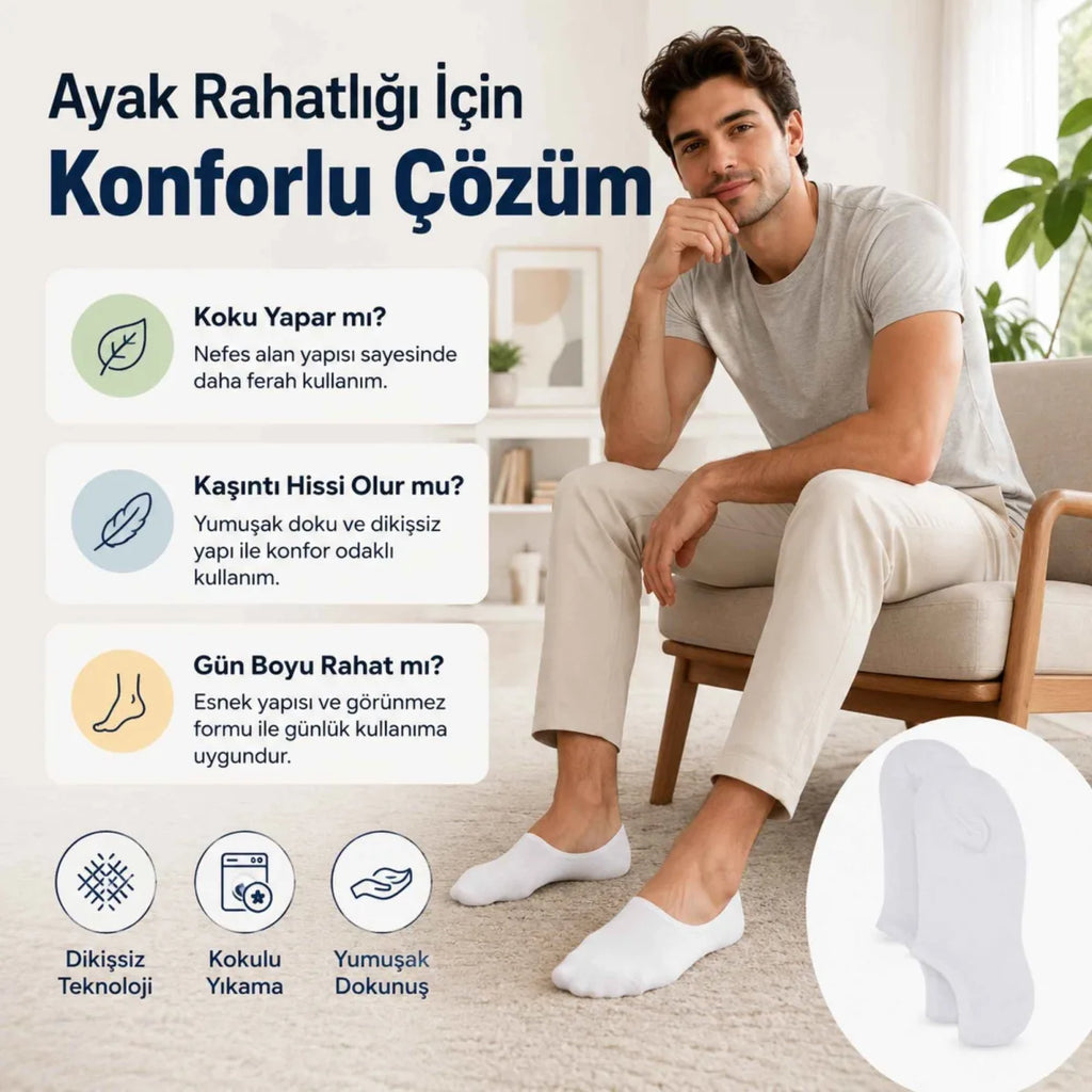 Erkek Bambu 12’li Dikişsiz Babet Çorap Siyah Beyaz Gri Görünmez Sneaker Çorap Nefes Alan Yumuşak