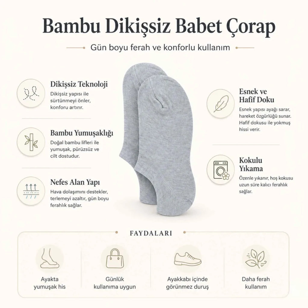 Erkek Bambu 6’lı Dikişsiz Babet Çorap Siyah Beyaz Gri Görünmez Sneaker Çorap Nefes Alan Yumuşak