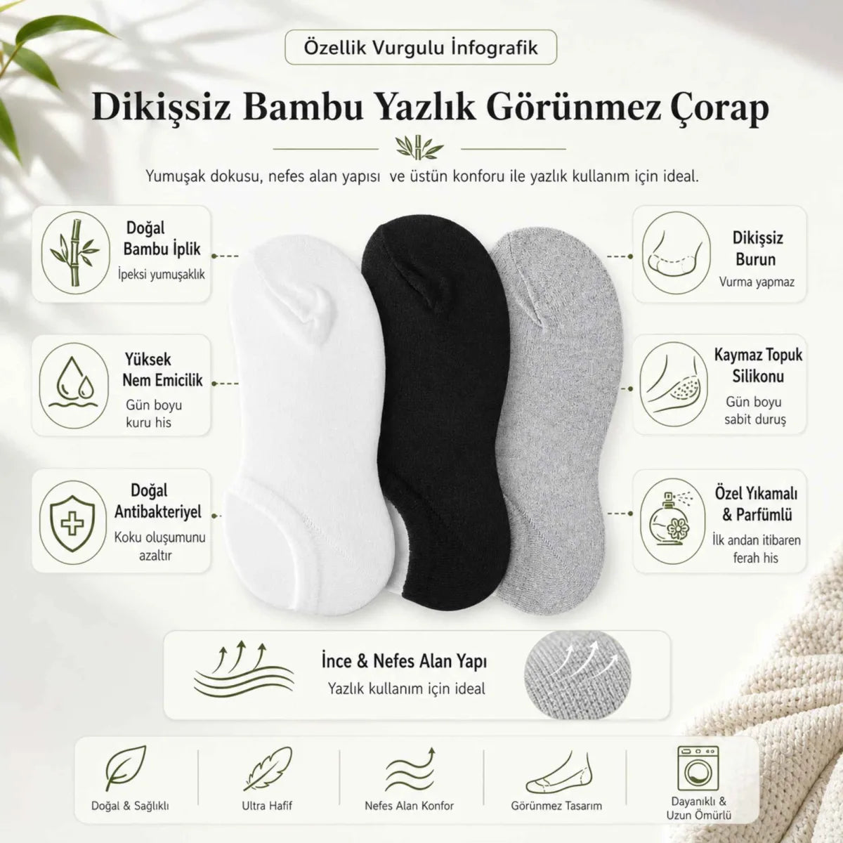 Erkek Bambu 6’lı Dikişsiz Babet Çorap Siyah Beyaz Gri Görünmez Sneaker Çorap Nefes Alan Yumuşak