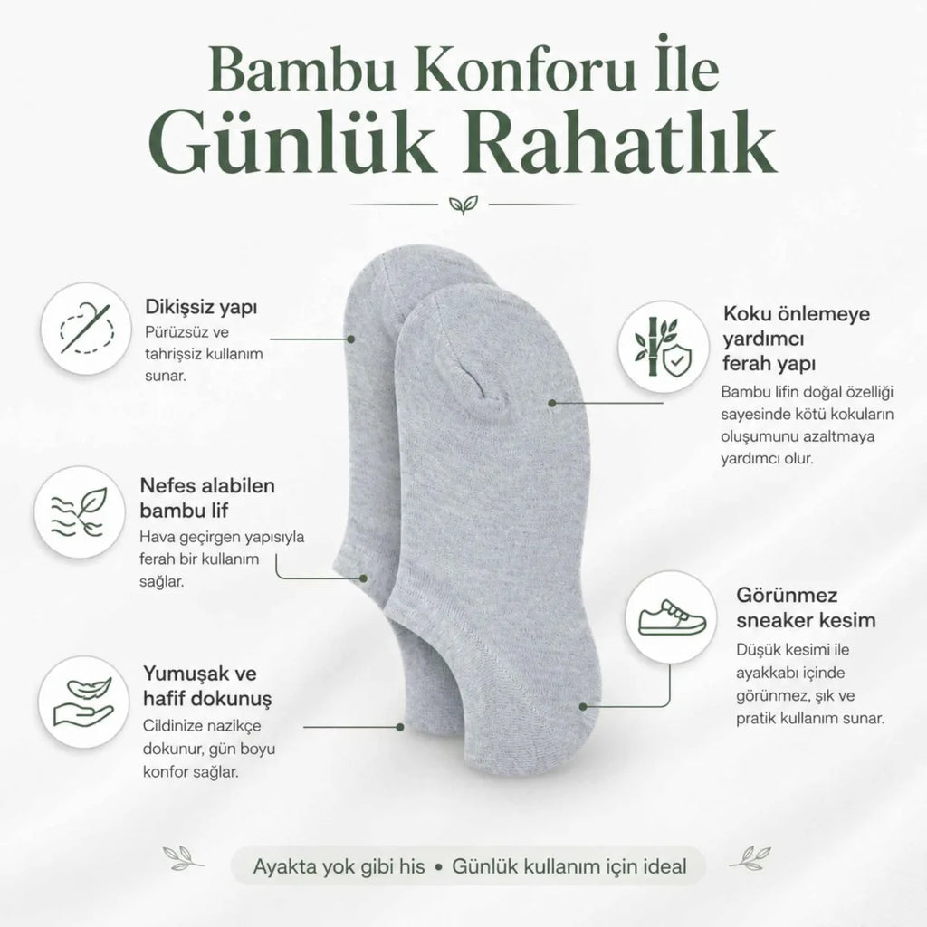 Kadın Bambu 6’lı Dikişsiz Babet Çorap Siyah Beyaz Gri Görünmez Sneaker Çorap Nefes Alan Yumuşak