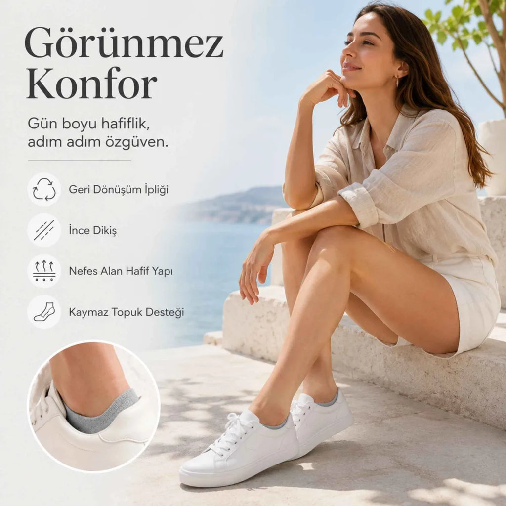 Kadın Görünmez Sneaker Babet Çorap 12'li | Geri Dönüşüm İplikli, Nefes Alan, Siyah Beyaz Gri