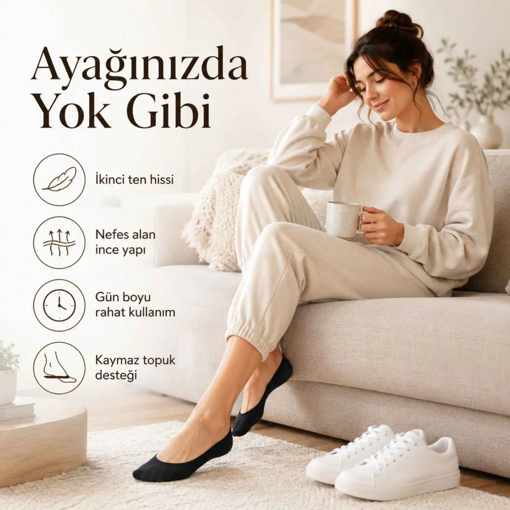 Kadın Görünmez Sneaker Babet Çorap 12'li | Geri Dönüşüm İplikli, Nefes Alan, Siyah Beyaz Gri