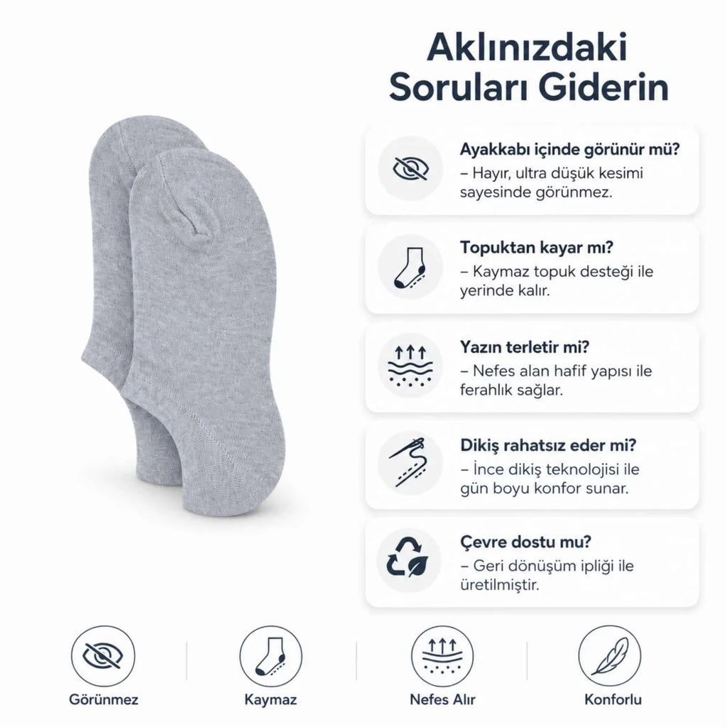 Kadın Görünmez Sneaker Babet Çorap 12'li | Geri Dönüşüm İplikli, Nefes Alan, Siyah Beyaz Gri