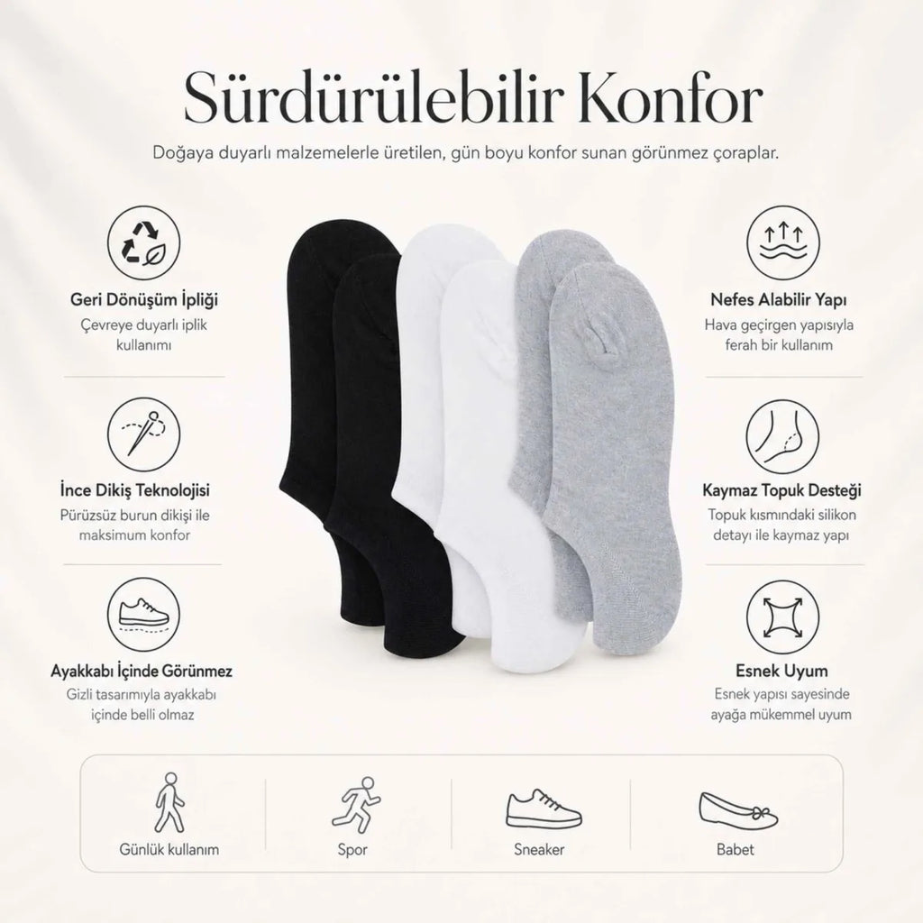 Kadın Görünmez Sneaker Babet Çorap 12'li | Geri Dönüşüm İplikli, Nefes Alan, Siyah Beyaz Gri