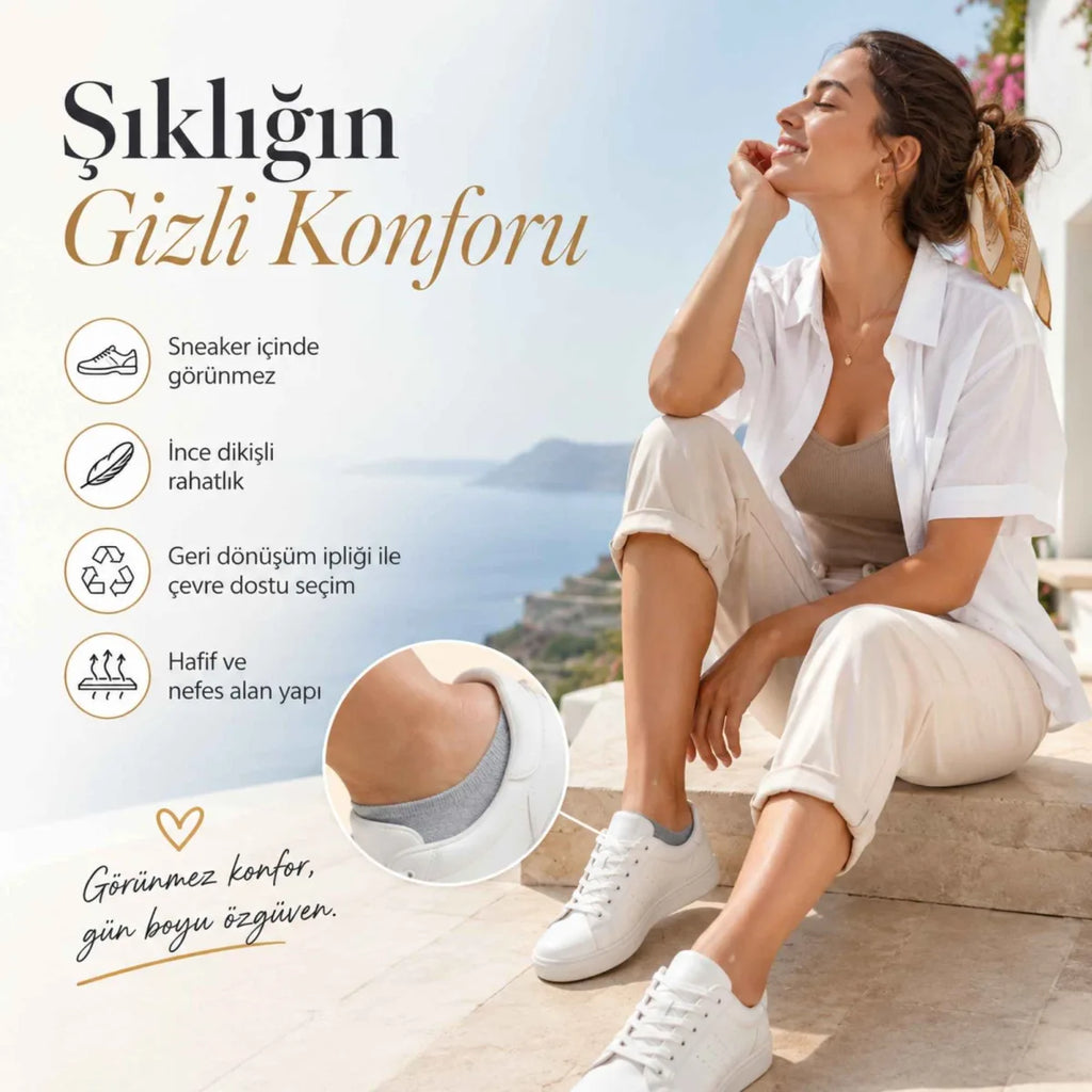 Kadın Görünmez Sneaker Babet Çorap 12'li | Geri Dönüşüm İplikli, Nefes Alan, Siyah Beyaz Gri