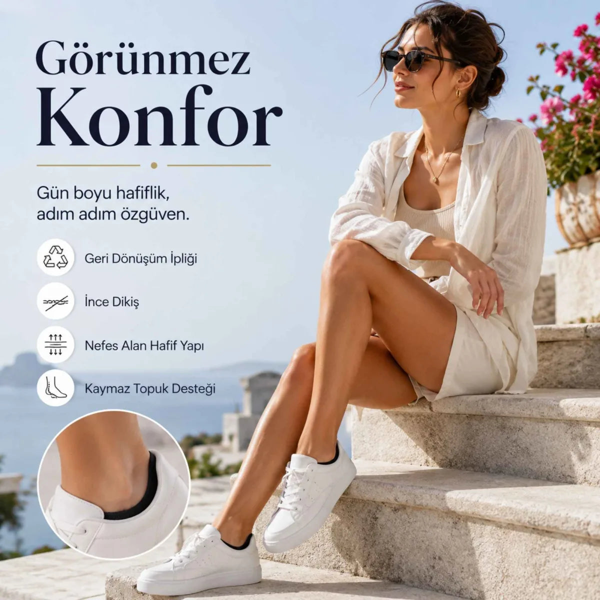 Kadın Görünmez Sneaker Babet Çorap 12'li | Geri Dönüşüm İplikli, Nefes Alan, Siyah Beyaz Gri