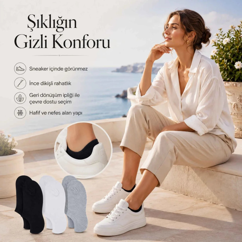 Kadın Görünmez Sneaker Babet Çorap 12'li | Geri Dönüşüm İplikli, Nefes Alan, Siyah Beyaz Gri