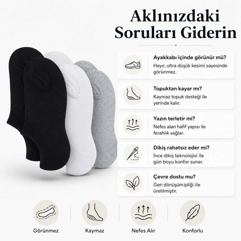 Kadın Görünmez Sneaker Babet Çorap 12'li | Geri Dönüşüm İplikli, Nefes Alan, Siyah Beyaz Gri