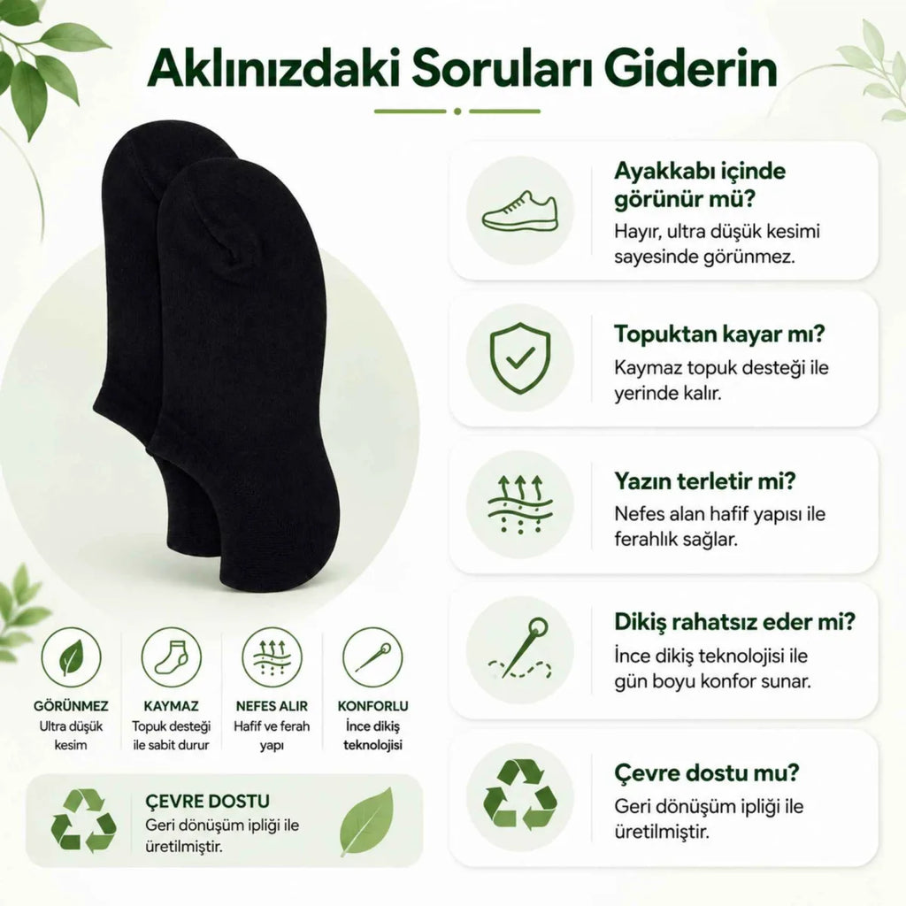 Kadın Görünmez Sneaker Babet Çorap 12'li | Geri Dönüşüm İplikli, Nefes Alan, Siyah Beyaz Gri