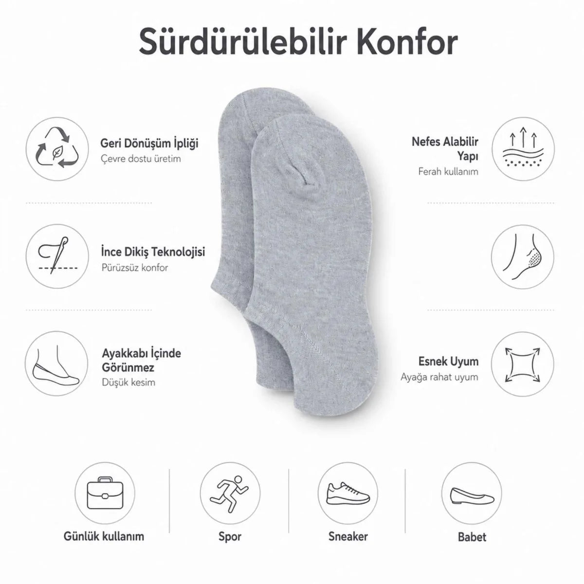 Kadın Görünmez Sneaker Babet Çorap 6'lı | Geri Dönüşüm İplikli, Nefes Alan, Siyah Beyaz Gri