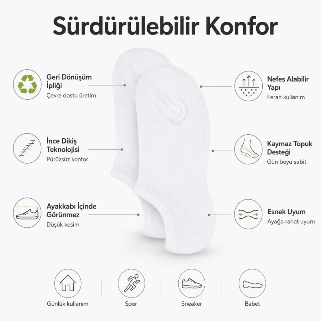 Kadın Görünmez Sneaker Babet Çorap 6'lı | Geri Dönüşüm İplikli, Nefes Alan, Siyah Beyaz Gri