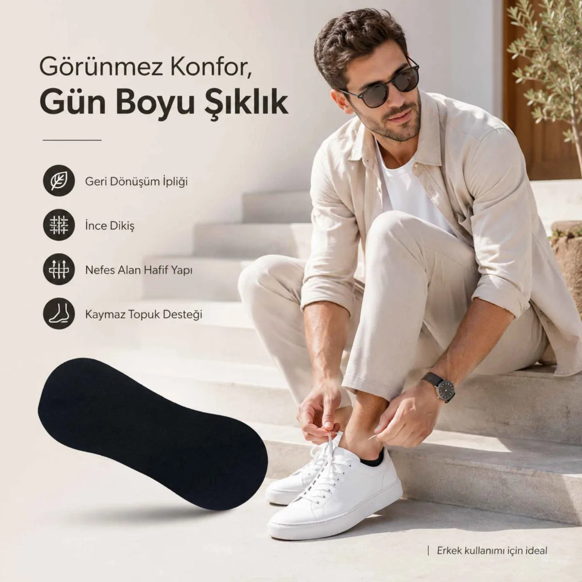 Erkek Görünmez Sneaker Babet Çorap 6'lı | Geri Dönüşüm İplikli, Kaymaz Topuk, Siyah Gri Beyaz