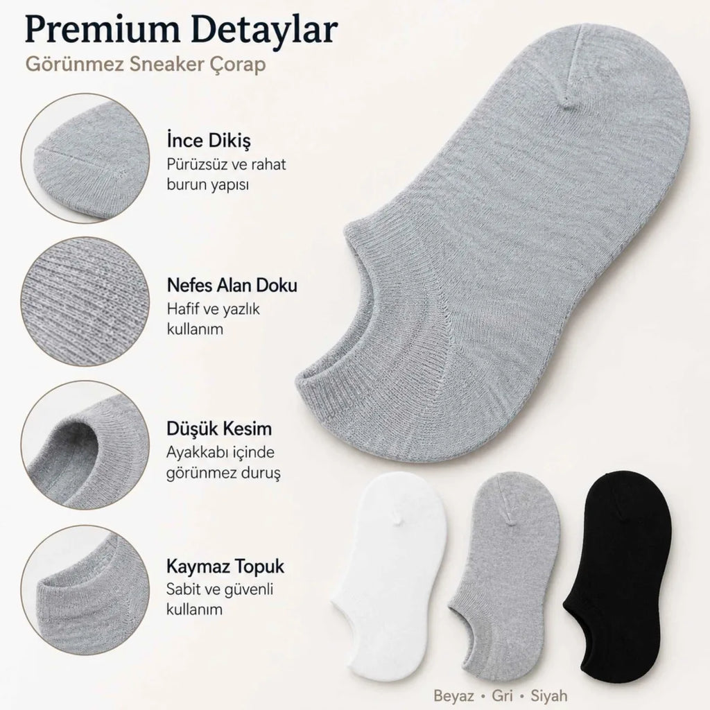 Erkek Geri Dönüşüm İplikli 6’lı Görünmez Sneaker Çorap, İnce Dikişli, Nefes Alan Yazlık Babet Çorabı, Kaymaz Topuklu Siyah Gri Beyaz