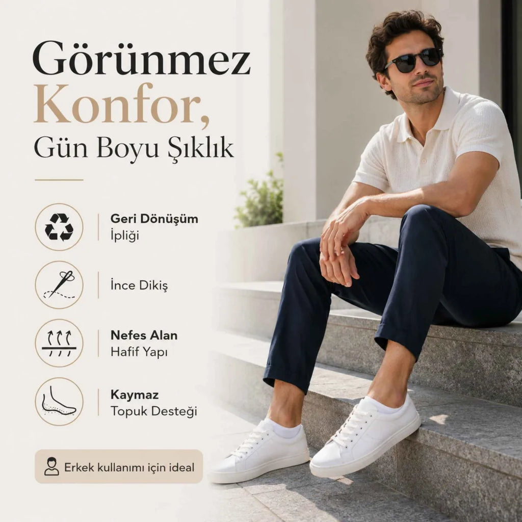 Erkek Görünmez Sneaker Babet Çorap 6'lı | Geri Dönüşüm İplikli, Kaymaz Topuk, Siyah Gri Beyaz